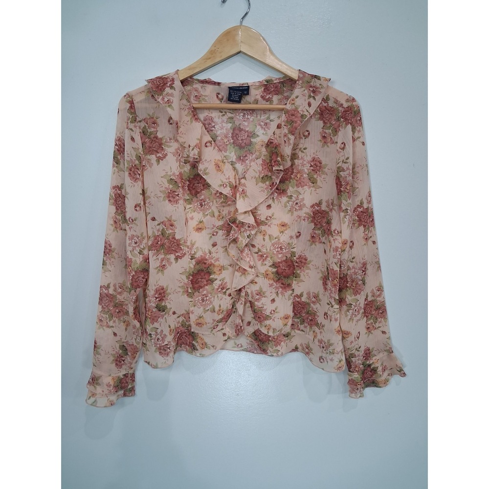 Boston Proper Women‎ Pink Floral Ruffle Front Sheer Long Sleeve Button Blouse 12